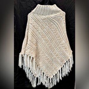 Time and Tru Beige Knit Poncho with Fringe